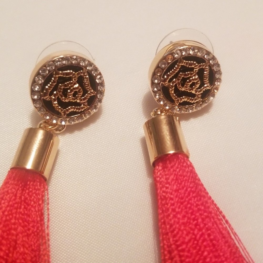 Gold Rose Medallion & Red Tassel Earrings
